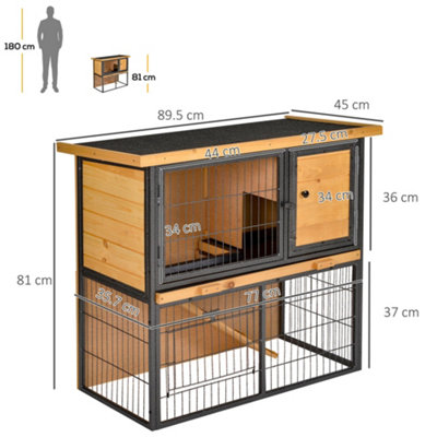PawHut Wood-metal Rabbit Hutch Guinea Pig Hutch Elevated Pet House Bunny Cage with Slide-Out Tray Openable Roof Outdoor - 3