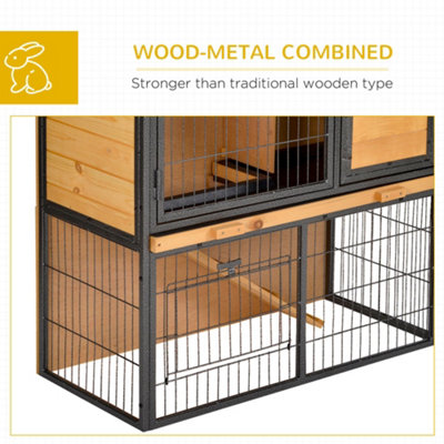 PawHut Wood-metal Rabbit Hutch Guinea Pig Hutch Elevated Pet House Bunny Cage with Slide-Out Tray Openable Roof Outdoor - 5