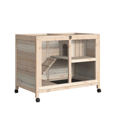 PawHut Elevated Rabbit Hutch, Indoor Wood Guinea Pig Cage With Run Ladder Lockable Doors Coffee