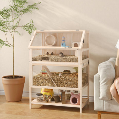 PawHut Wooden 3 Tier Hamster Cage with Storage Shelf for Dwarf, Gerbil - Diy Gerbil Cage Ideas With A Wooden Frame