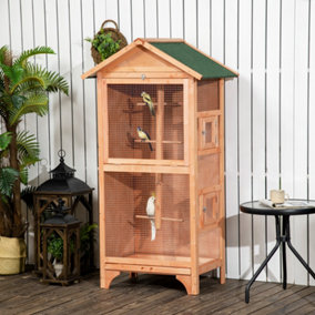 PawHut Wooden Bird Aviary Outdoor Bird Cage for Finch, Canary w/ Removable Tray, Asphalt Roof - Orange