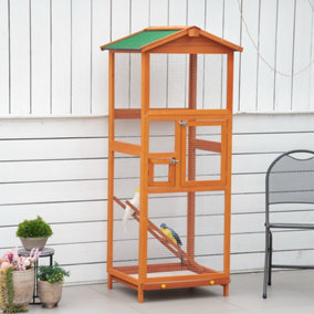 PawHut Wooden Bird Cage Outdoor Aviary Cage w/ Removable Tray, Two Doors - Orange