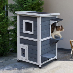 PawHut Wooden Cat House 2-Floor Outdoor Kitten Shelter with Window Grey