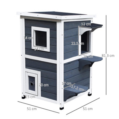 PawHut Wooden Cat House 2-Floor Outdoor Kitten Shelter with Window Grey - 3
