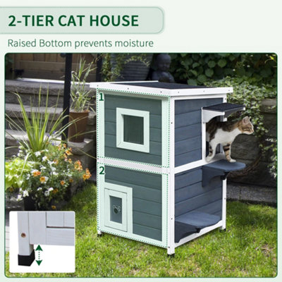 PawHut Wooden Cat House 2-Floor Outdoor Kitten Shelter with Window Grey - 7