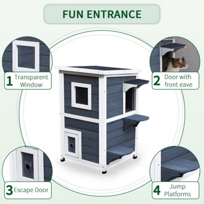 PawHut Wooden Cat House 2-Floor Outdoor Kitten Shelter with Window Grey - 4
