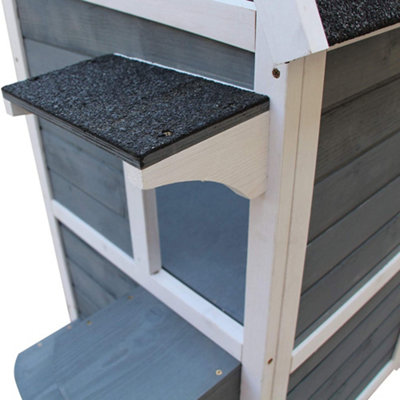 PawHut Wooden Cat House 2-Floor Outdoor Kitten Shelter with Window Grey - 8