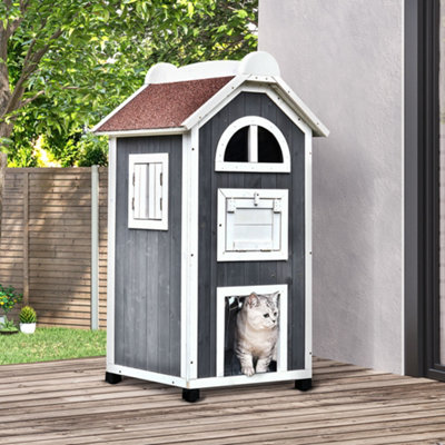 PawHut Wooden Cat House – 2-Story Outdoor Shelter With Scratching Area (Grey/White)