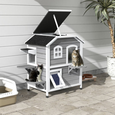PawHut Wooden Cat House Condos Cat Cave Pet Shelter 2 Floor Villa Outdoor Furniture Grey