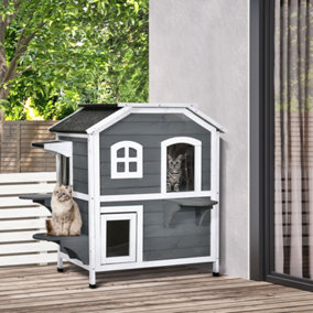 PawHut Wooden Cat House Condos Cat Cave Pet Shelter 2 Floor Villa Outdoor Furniture Grey