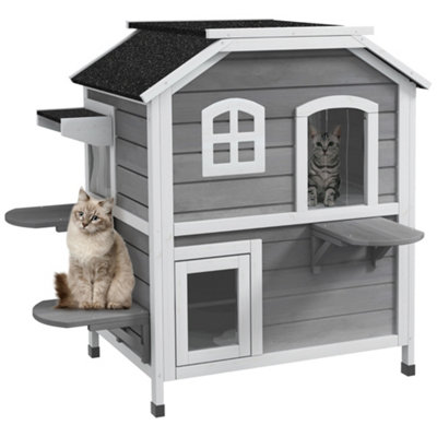 PawHut Wooden Cat House Condos Cat Cave Pet Shelter 2 Floor Villa Outdoor Furniture Grey