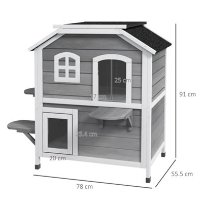 PawHut Wooden Cat House Condos Cat Cave Pet Shelter 2 Floor Villa Outdoor Furniture Grey - 3