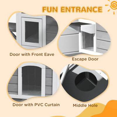 PawHut Wooden Cat House Condos Cat Cave Pet Shelter 2 Floor Villa Outdoor Furniture Grey - 7