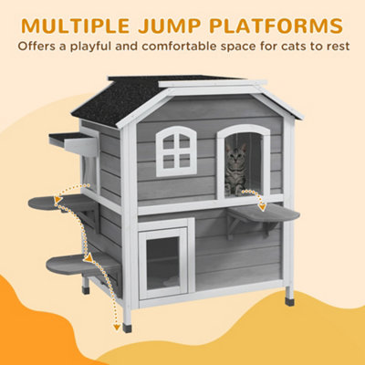 PawHut Wooden Cat House Condos Cat Cave Pet Shelter 2 Floor Villa Outdoor Furniture Grey - 5