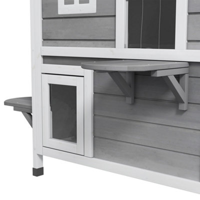 PawHut Wooden Cat House Condos Cat Cave Pet Shelter 2 Floor Villa Outdoor Furniture Grey - 8