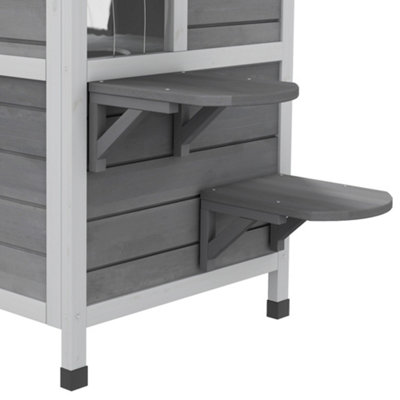 PawHut Wooden Cat House Condos Cat Cave Pet Shelter 2 Floor Villa Outdoor Furniture Grey - 9