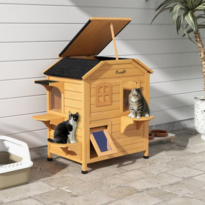 PawHut Wooden Cat House Condos Cat Cave Pet Shelter 2 Floor Villa Outdoor Furniture Natural Wood Finish