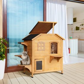 PawHut Wooden Cat House Condos Cat Cave Pet Shelter 2 Floor Villa Outdoor Furniture Natural Wood Finish