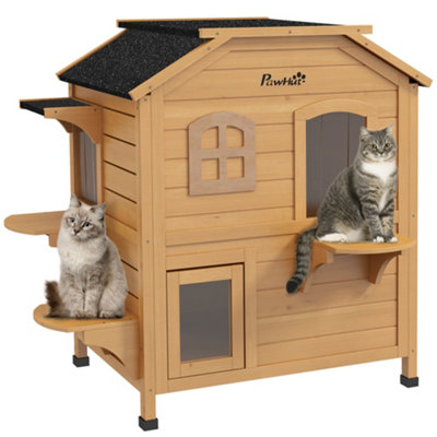 PawHut Wooden Cat House Condos Cat Cave Pet Shelter 2 Floor Villa Outdoor Furniture Natural Wood Finish