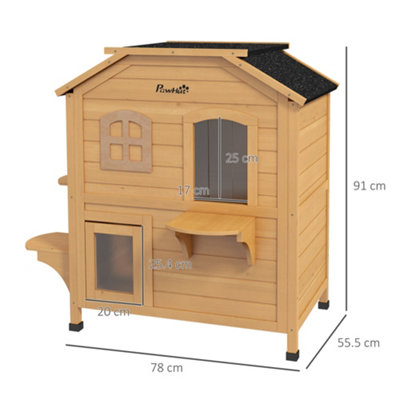 PawHut Wooden Cat House Condos Cat Cave Pet Shelter 2 Floor Villa Outdoor Furniture Natural Wood Finish - 3