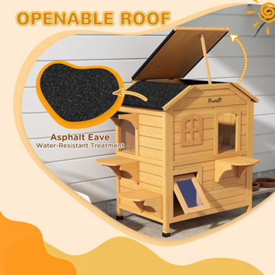 PawHut Wooden Cat House Condos Cat Cave Pet Shelter 2 Floor Villa Outdoor Furniture Natural Wood Finish - 6