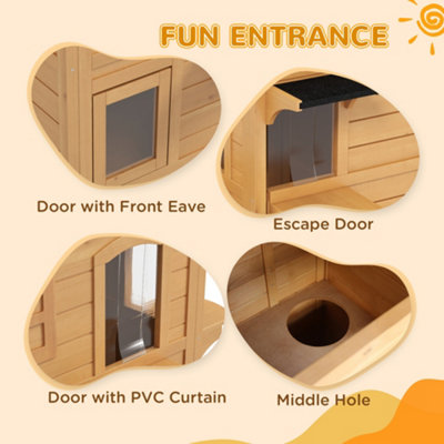 PawHut Wooden Cat House Condos Cat Cave Pet Shelter 2 Floor Villa Outdoor Furniture Natural Wood Finish - 7