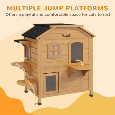 PawHut Wooden Cat House Condos Cat Cave Pet Shelter 2 Floor Villa Outdoor Furniture Natural Wood Finish - 5