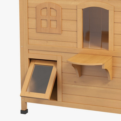 PawHut Wooden Cat House Condos Cat Cave Pet Shelter 2 Floor Villa Outdoor Furniture Natural Wood Finish - 8