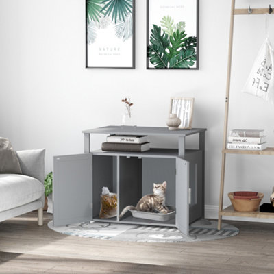 PawHut Wooden Cat Litter Box Enclosure Furniture with Adjustable Interior Wall Large Tabletop for Nightstand