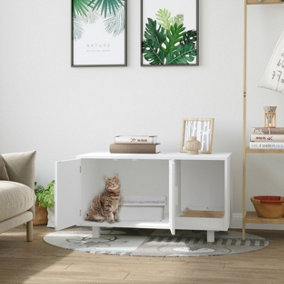 PawHut Wooden Cat Litter Box Enclosure & House with Nightstand/End Table Design, Scratcher, & Magnetic Doors, White