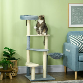 PawHut Wooden Cat Tree Climbing Tower with Scratching Post Hammock - Blue