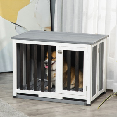 PawHut Dog Crate Furniture Wire Pet Cage Wooden Dog Kennel, End Table with  Double Doors, and Locks, for Medium and Large Dog House Indoor Use, gray