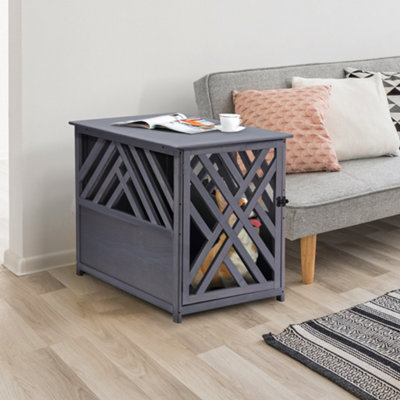 Pawhut Wooden Dog Crate Medium Cage Side Table with Lockable Door, Grey Price Comparisons | Compare The Build