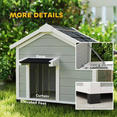 View of PawHut Wooden Dog house with Openable Roof, Removable Floor, Light Grey