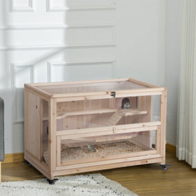 PawHut Wooden Hamster Cage, Mice Rodent Small Animals Kit Hutch, 3 Tiers Exercise Play House, with Wheels, Bottom Tray