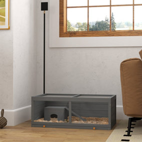 PawHut Wooden Hamster Cage w/ Sliding Tray, Openable Top, Hut, Grey