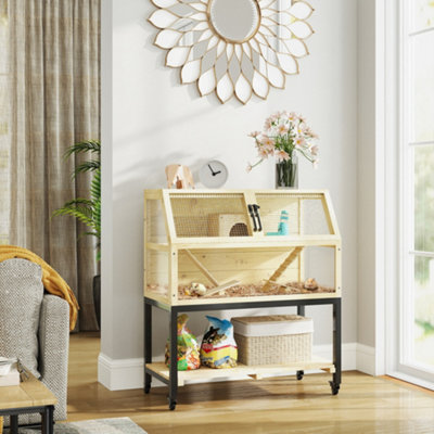 PawHut Wooden Hamster Cage with Storage Shelf, Wheels - Hamster Cage Kits With Cage Storage