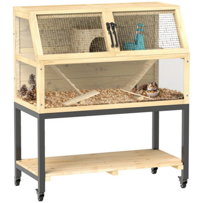 Image showcasing PawHut Wooden Hamster Cage with Storage Shelf, Wheels