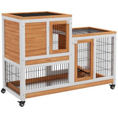 PawHut Wooden Indoor Rabbit Hutch Elevated Bunny Cage w/ Enclosed Run Wheel