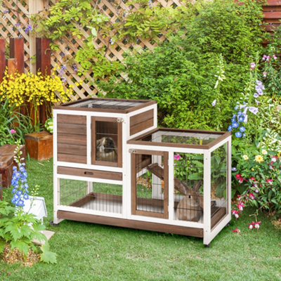 PawHut Wooden Indoor Rabbit Hutch Elevated Bunny Cage with Enclosed Run W Wheel