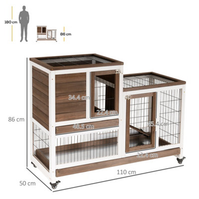 PawHut Wooden Indoor Rabbit Hutch Guinea Pig House Bunny Small Animal Cage W/ Wheels Enclosed Run 110 x 50 x 86 cm, Brown