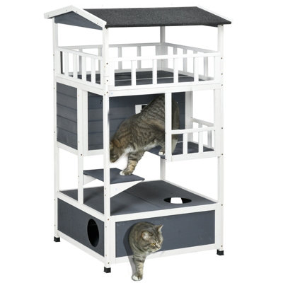 PawHut Wooden Outdoor Cat House 3-Tier for Winter Kitten Shelter Lodge w/ Tilted Roof Terrace Jump Step Bottom Tray Elevated Base