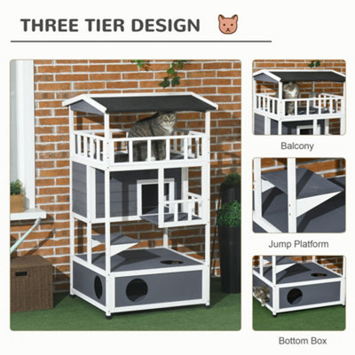 PawHut Wooden Outdoor Cat House 3-Tier for Winter Kitten Shelter Lodge w/ Tilted Roof Terrace Jump Step Bottom Tray Elevated Base - 6