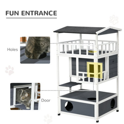 PawHut Wooden Outdoor Cat House 3-Tier for Winter Kitten Shelter Lodge w/ Tilted Roof Terrace Jump Step Bottom Tray Elevated Base - 7