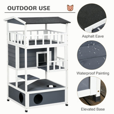 PawHut Wooden Outdoor Cat House 3-Tier for Winter Kitten Shelter Lodge w/ Tilted Roof Terrace Jump Step Bottom Tray Elevated Base - 4