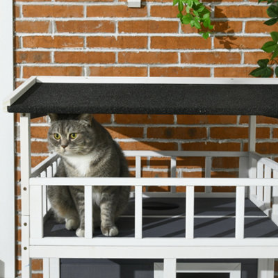PawHut Wooden Outdoor Cat House 3-Tier for Winter Kitten Shelter Lodge w/ Tilted Roof Terrace Jump Step Bottom Tray Elevated Base - 8