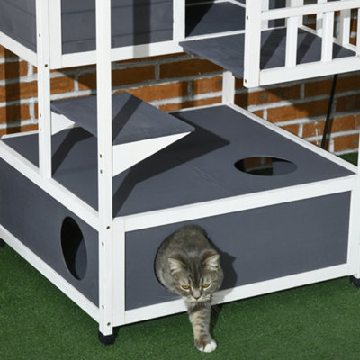 PawHut Wooden Outdoor Cat House 3-Tier for Winter Kitten Shelter Lodge w/ Tilted Roof Terrace Jump Step Bottom Tray Elevated Base - 9