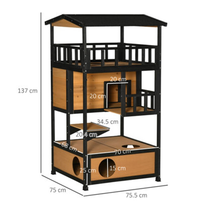 PawHut Wooden Outdoor Cat House 3-Tier Kitten Shelter w/ Tilted Roof Yellow - 3