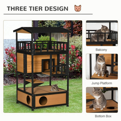 PawHut Wooden Outdoor Cat House 3-Tier Kitten Shelter w/ Tilted Roof Yellow - 6