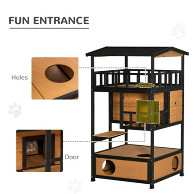 PawHut Wooden Outdoor Cat House 3-Tier Kitten Shelter w/ Tilted Roof Yellow - 7